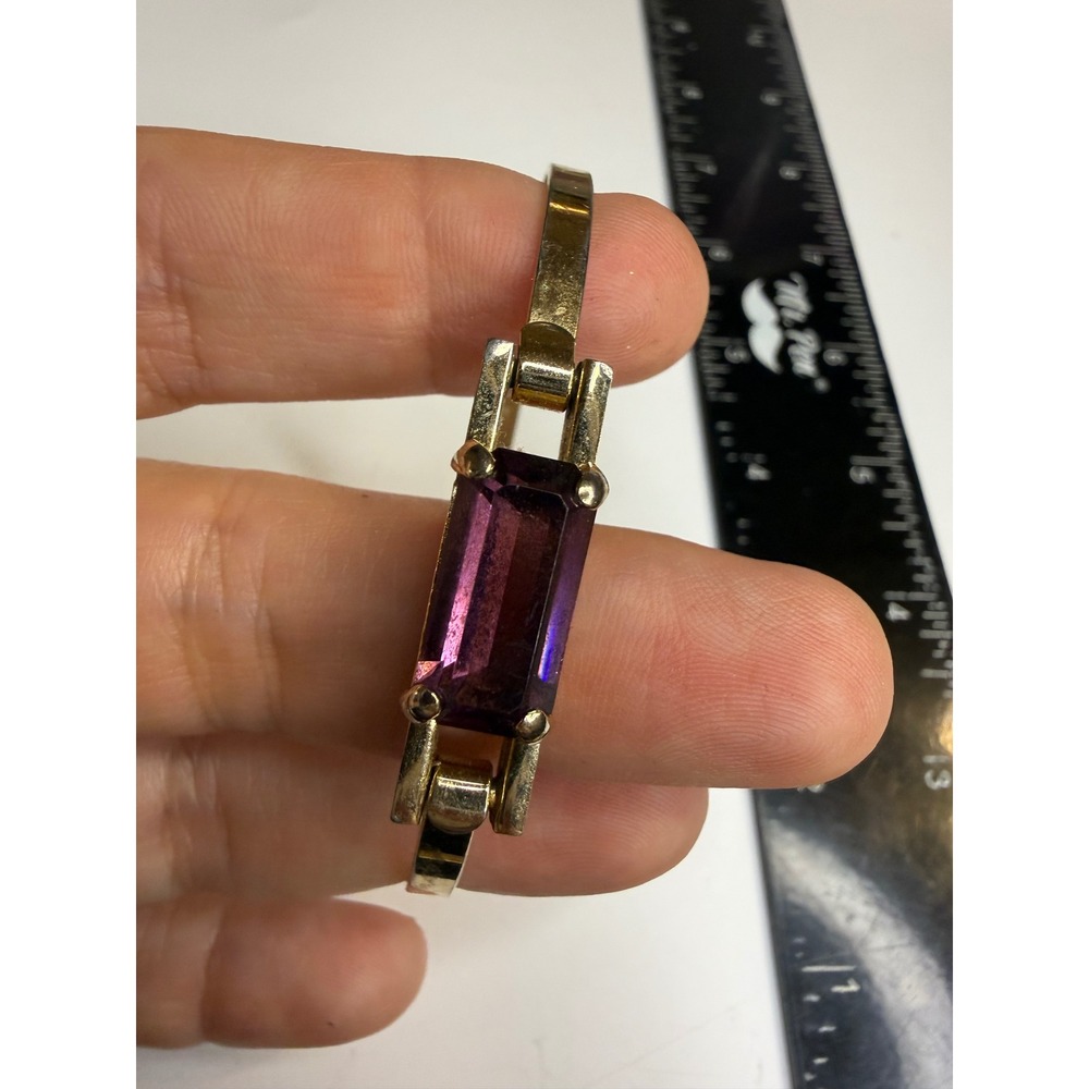 Avon Gold Tone Bangle Bracelet Purple Emerald Cut Stone Textured Hinged Clasp